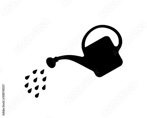 Black silhouette of a watering can and water droplets, simple vector illustration