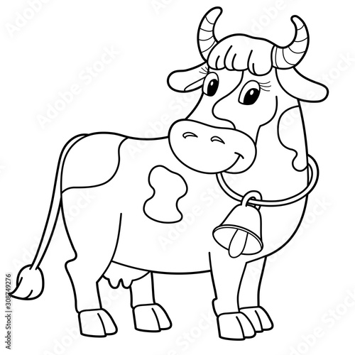 Coloring Page Outline of cartoon cow with bell. Farm animals. Coloring book for kids.