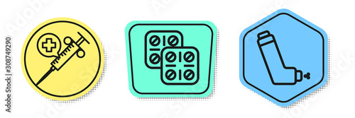 Set line Medical syringe with needle, Pills in blister pack and Inhaler. Colored shapes. Vector