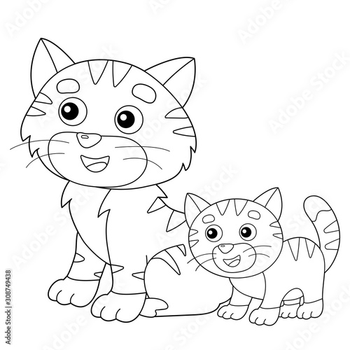 Coloring Page Outline of cartoon cat with kitten. Pets. Coloring book for kids.