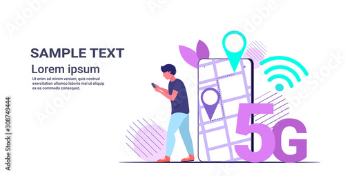 man using gps navigator on smartphone screen mobile app 5G online communication fifth innovative generation of internet connection horizontal full length copy space vector illustration