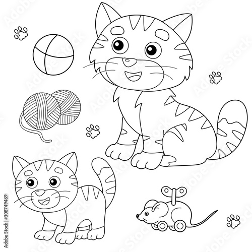 Coloring Page Outline of cartoon cat with kitten and with toys. Pets. Coloring book for kids.