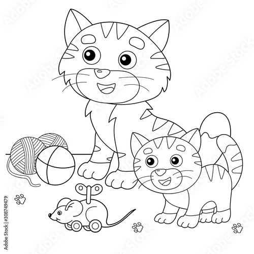 Coloring Page Outline of cartoon cat with kitten and with toys. Pets. Coloring book for kids.
