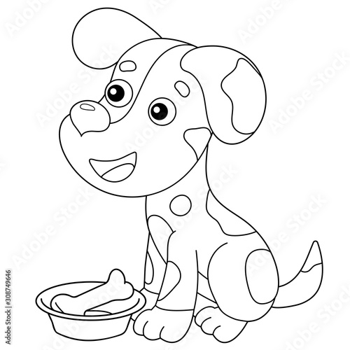 Coloring Page Outline of cartoon dog with bone. Pets. Coloring book for kids.