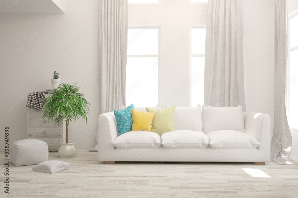 Fototapeta premium Stylish room in white color with sofa. Scandinavian interior design. 3D illustration