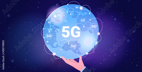 human hand holding globe 5G online communication global network wireless systems connection concept fifth innovative generation of high speed internet world map horizontal vector illustration