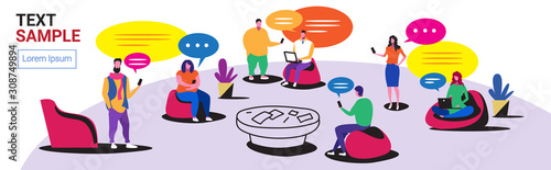 businesspeople using chatting app on digital devices social network chat bubble communication concept business people team messaging office lounge area interior full length horizontal vector