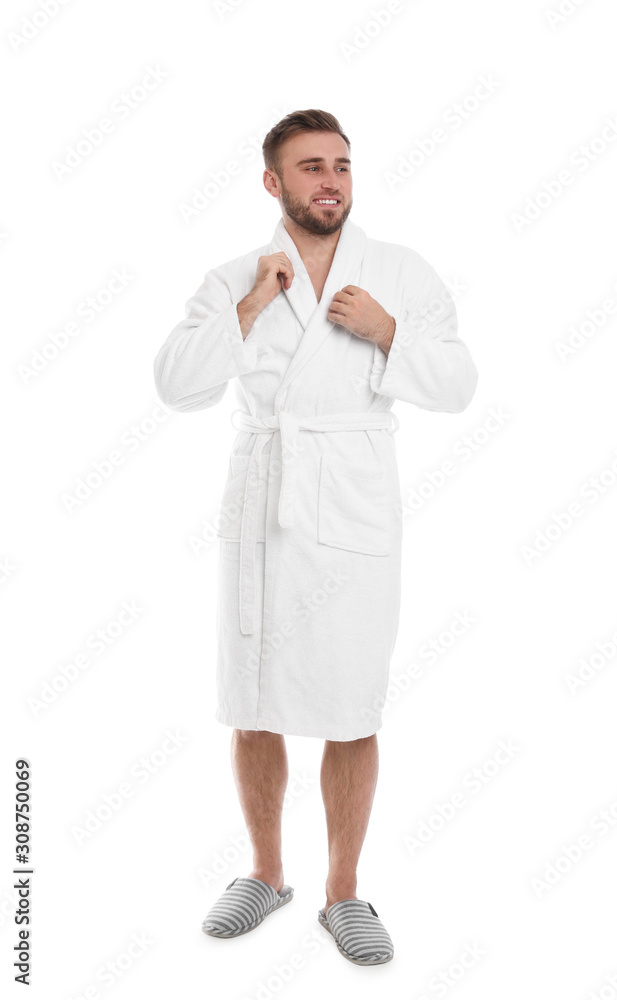 Handsome man wearing bathrobe on white background Handsome man wearing bathrobe on white background