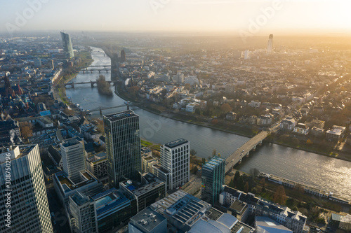  Frankfurt am Main aerial view with drone. Sunset in Frankfurt am Main. 10.12.2019 Frankfurt am Main Germany.