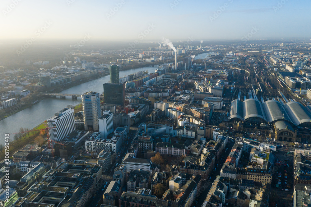  Frankfurt am Main aerial view with drone. Sunset in Frankfurt am Main. 10.12.2019 Frankfurt am Main Germany.