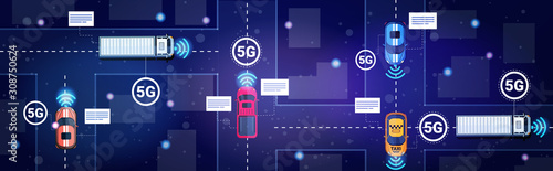 different cars on road traffic 5G online wireless systems connection concept fifth innovative generation of high speed internet city streets with buildings top angle view horizontal vector