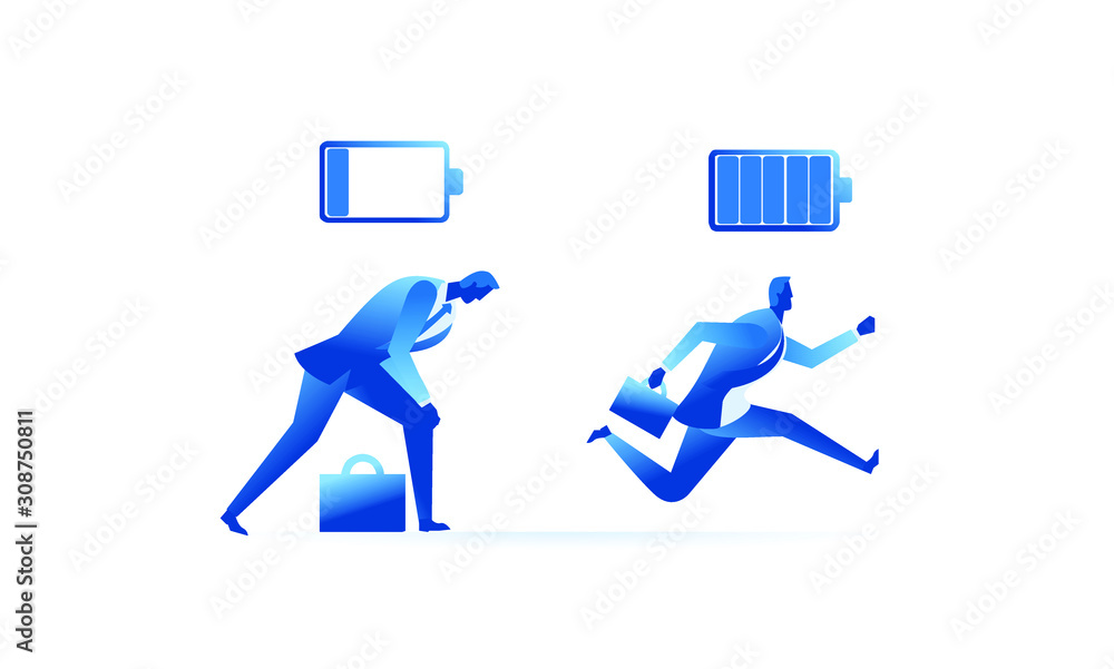 Full energy business versus running out of energy. Business work concept illustration about hard work and charge energy. Vector illustration of a flat design Full energy business versus running out of energy. Business work concept illustration about hard work and charge energy. Vector illustration of a flat design