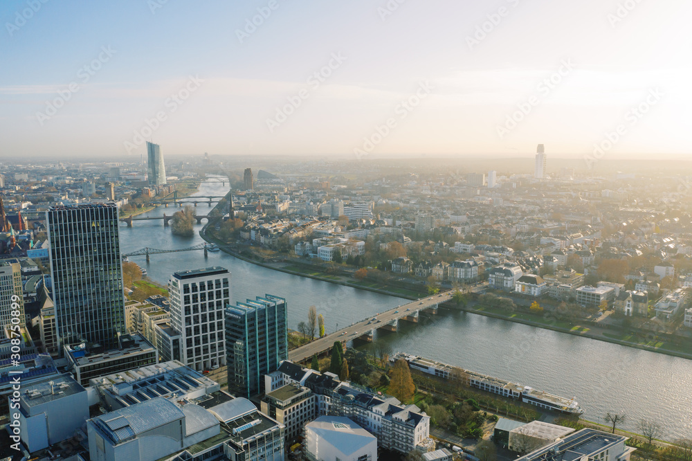 Fototapeta premium Frankfurt am Main aerial view with drone. Sunset in Frankfurt am Main. 10.12.2019 Frankfurt am Main Germany.