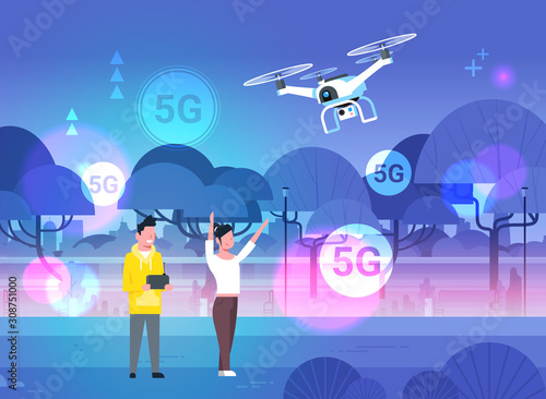 couple operating drone with remote control 5G fifth innovative generation of internet connection concept man woman relaxing outdoor summer park landscape background flat horizontal full length vector