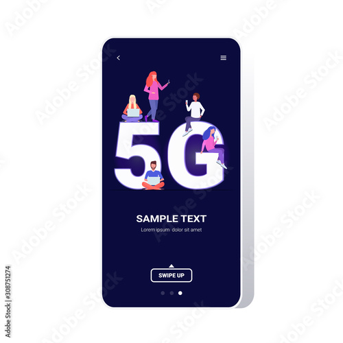 mix race people using digital devices 5G online wireless systems connection fifth innovative generation of high speed internet concept smartphone screen mobile app full length vector illustration