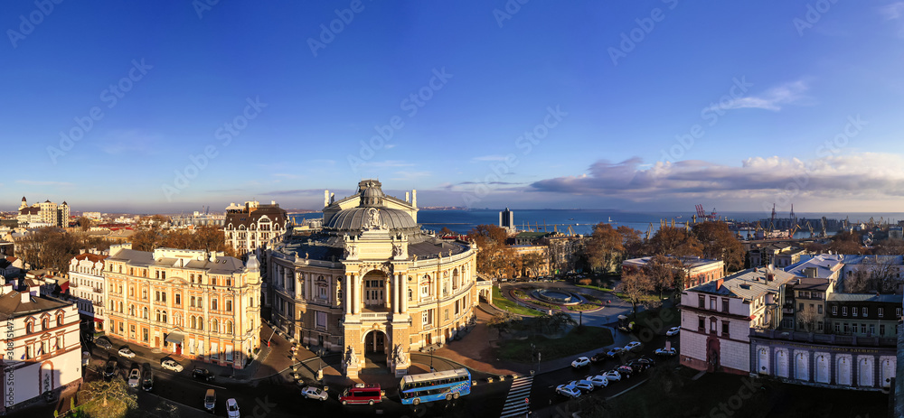  Air panorama with Opera and Ballet Theatre in Odessa Ukraine. Drone footage at sunny day