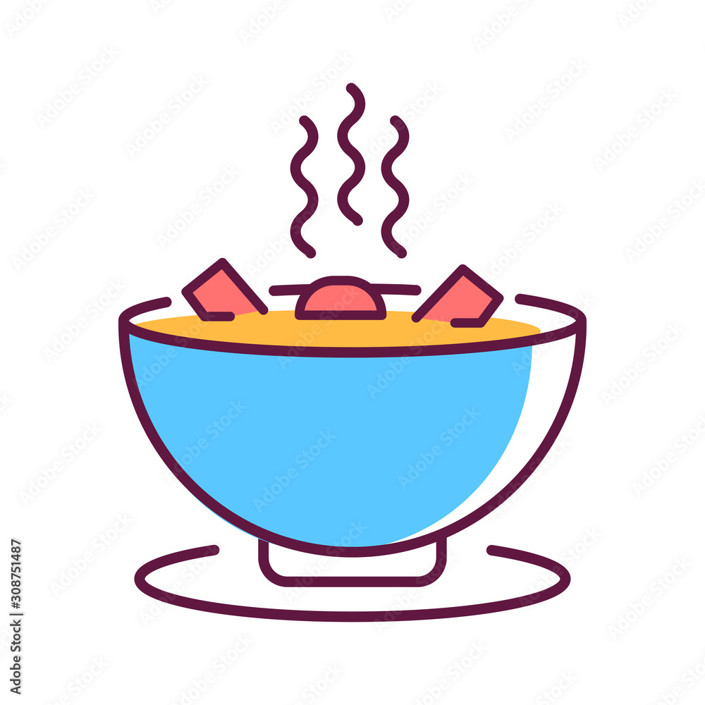 Soup plate with steam, hot lunch color line icon. A hot dish that helps fight the illness. Pictogram for web page, mobile app, promo. UI UX GUI design element. Editable stroke. Soup plate with steam, hot lunch color line icon. A hot dish that helps fight the illness. Pictogram for web page, mobile app, promo. UI UX GUI design element. Editable stroke.