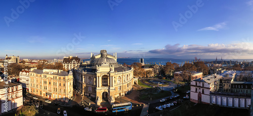  Air panorama with Opera and Ballet Theatre in Odessa Ukraine. Drone footage at sunny day