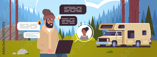 guy hiker using laptop man chatting with woman social network chat bubble communication concept trailer truck in forest online application portrait landscape background horizontal vector illustration
