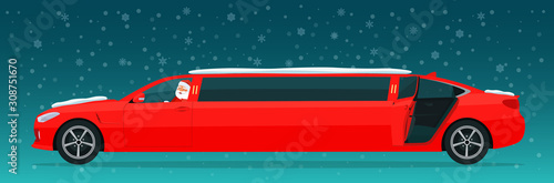 Santa Claus limousine car behind the wheel and open back door against the backdrop of a snowy landscape. Vector flat style illustration.