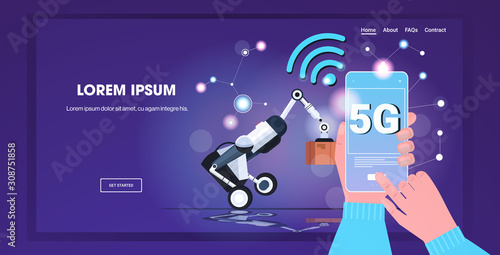 human hand using mobile app controlling robotic loader 5G online wireless system connection fifth innovative generation internet concept robot warehouse worker with cardboard box horizontal vector