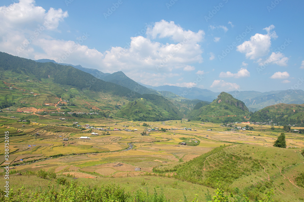 Paraglider flies over the Green, brown, yellow and golden rice terrace fields of Tu Le valley, Northwest of Vietnam	