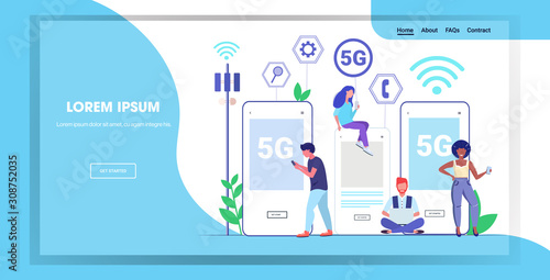 people using digital gadgets 5G online wireless system connection fifth innovative generation of internet full length horizontal smartphone screen copy space vector illustration