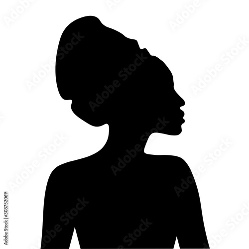 Black silhouette of African woman in headdress. Portrait in profile  Vector EPS10 illustration.
