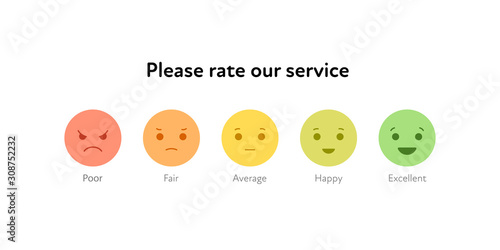 Customer feedback survey template. Vector color flat illustration. Green, yellow and red smile emoticons from poor to excellent mood on white. Design element for business client customer review.