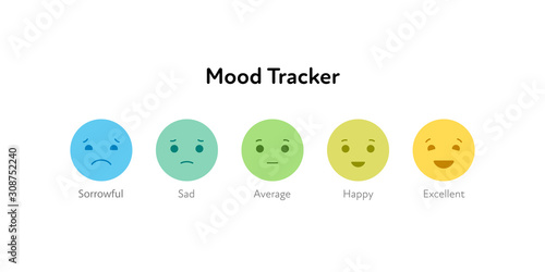Customer feedback survey template. Vector color flat illustration. Green, blue and yellow smile emoticon from sorrow to excellent mood on white. Design element for business client customer review.