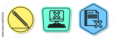 Set line Pencil with eraser and line, Computer with keyboard and x mark and Delete file document. Colored shapes. Vector