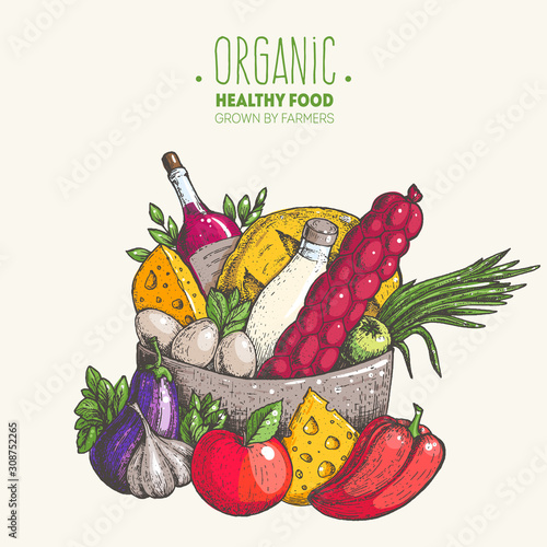 Colorful food basket vector illustration. Farmers products. Farm market label. Organic healthy food logo. Hand drawn design for packaging. Colorful image.