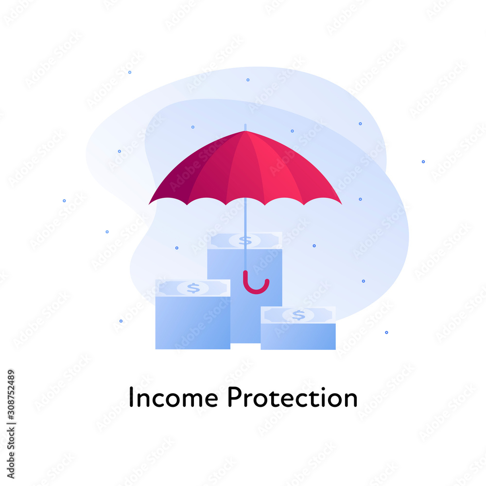 Vector flat insurance color illustration. Bank, income business protection concept. Money stack in under umbrella isolated on white background. Design element for banner, poster, web, ui, print