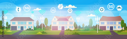 Fototapeta Naklejka Na Ścianę i Meble -  cottage houses in suburb 5G online wireless systems connection concept fifth innovative generation of high speed internet real estate cute town countryside background vector illustration