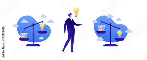 Business idea balance people concept. Vector flat person illustration. Libra sign with comparison money and lightbulb symbol isolated on white. Design element for banner, poster, background, web.