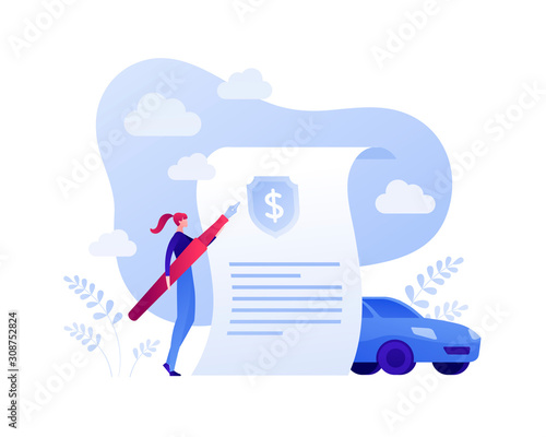 Car, transport and travel policy insurance business concept. Vector flat person illustration. Woman holding pen, document with dollar symbol, vehicle sign. Design element for banner, poster, web.