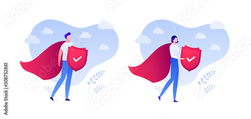Insurance business. Super protection policy concept. Vector flat person illustration. Male and female superhero in red hero coat with shield on white background. Design element for banner, poster, web