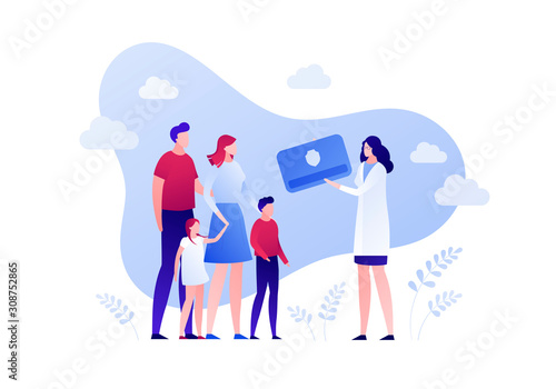Insurance business. Family health and life policy concept. Vector flat person illustration. Parents with kids and female doctor on sky background. Design element for banner, poster, web.