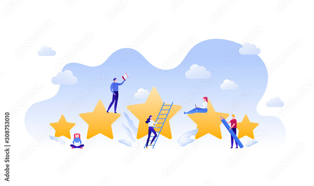 Customer feedback survey flat business vector illustration. Best quality service concept. Team of five people with star, ladder, loudspeaker and laptop sign. Design element for banner, background. Customer feedback survey flat business vector illustration. Best quality service concept. Team of five people with star, ladder, loudspeaker and laptop sign. Design element for banner, background.