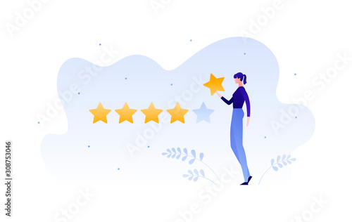 Customer feedback survey flat business vector people illustration. Best quality service review concept. Female holding star on fluid shape. Design element for banner, background, poster, web, ui
