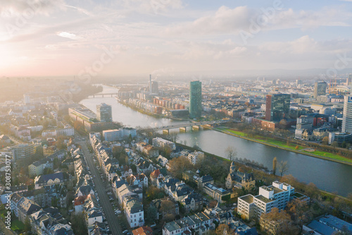  Frankfurt am Main aerial view with drone. Sunset in Frankfurt am Main. 10.12.2019 Frankfurt am Main Germany.