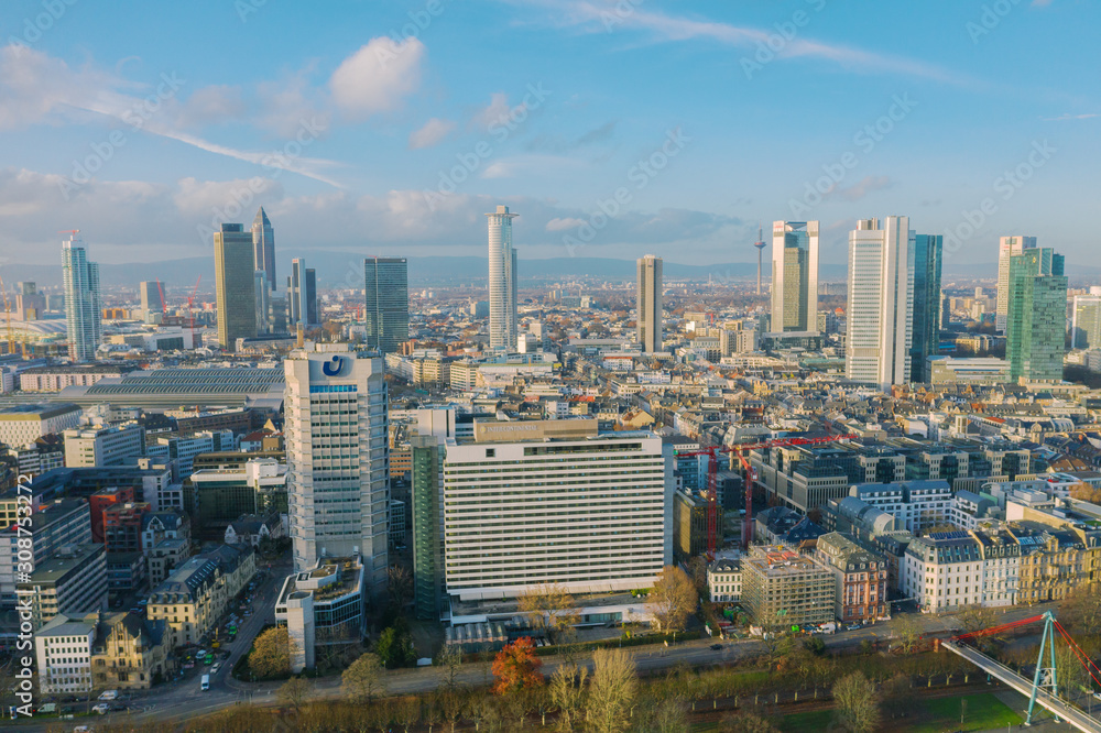 Naklejka premium Frankfurt am Main aerial view with drone. Sunset in Frankfurt am Main. 10.12.2019 Frankfurt am Main Germany.