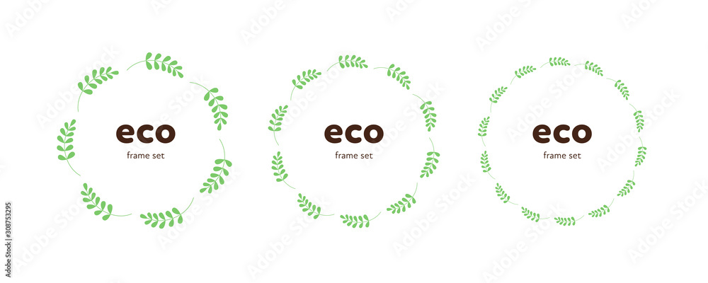 Ecology protection badge sign. Vector flat leaf frame illustration set. Collection of green circle with copyspace for text isolated on white. Design element for banner, poster, ui, background, web. Ecology protection badge sign. Vector flat leaf frame illustration set. Collection of green circle with copyspace for text isolated on white. Design element for banner, poster, ui, background, web.