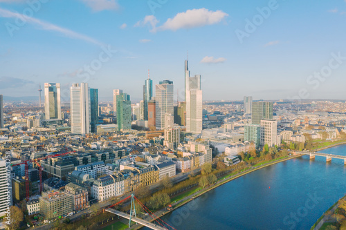  Frankfurt am Main aerial view with drone. Sunset in Frankfurt am Main. 10.12.2019 Frankfurt am Main Germany. © Tudorean
