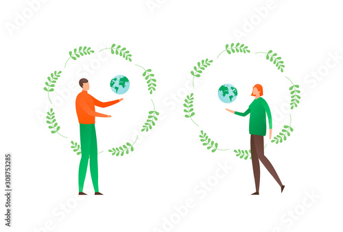 Ecology protection concept. Vector flat person illustration set. Female and male people holding earth globe sign in circle leaf frame isolated on white. Design element for banner, poster, background.
