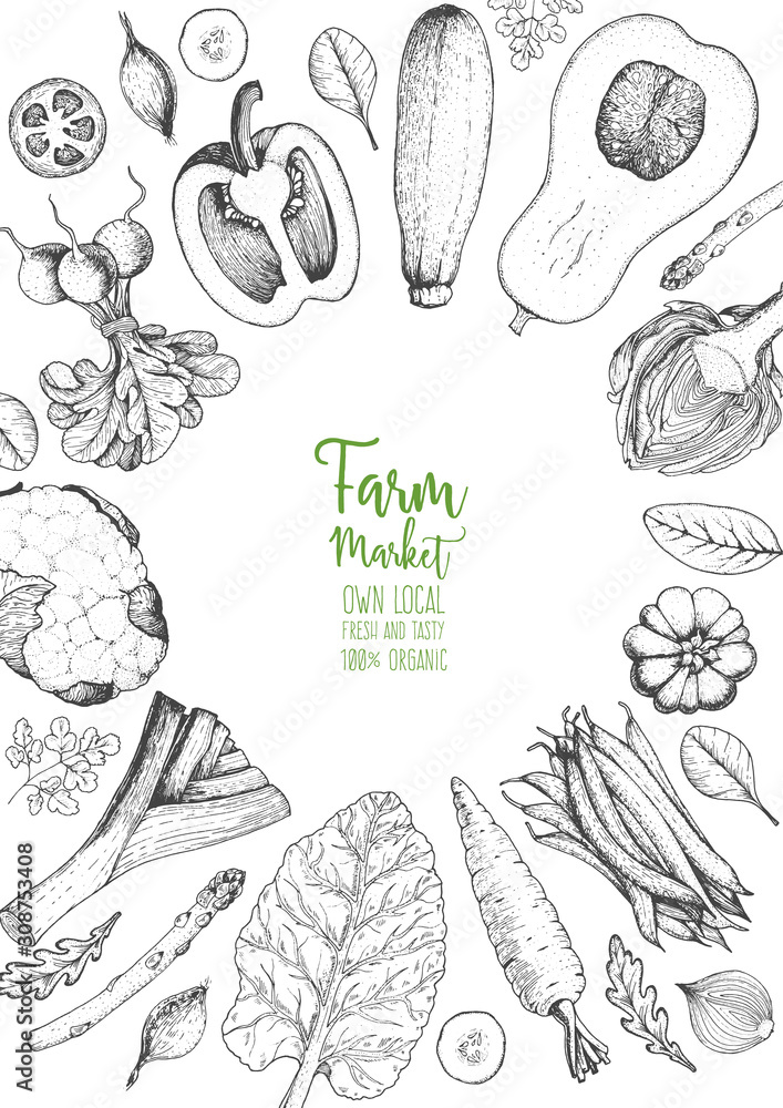 Vegetables top view frame. Farmers market menu design template. Organic vegetables food poster. Vintage hand drawn sketch vector illustration. Line art graphic. Engraved style. Vegetables top view frame. Farmers market menu design template. Organic vegetables food poster. Vintage hand drawn sketch vector illustration. Line art graphic. Engraved style.