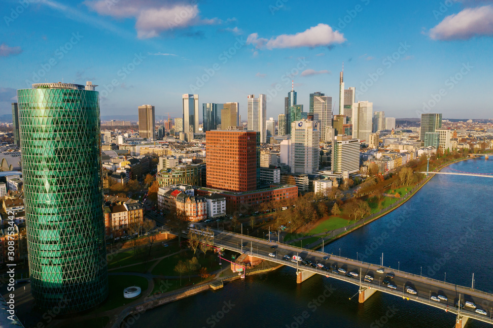 Fototapeta premium Frankfurt am Main aerial view with drone. Sunset in Frankfurt am Main. 10.12.2019 Frankfurt am Main Germany.