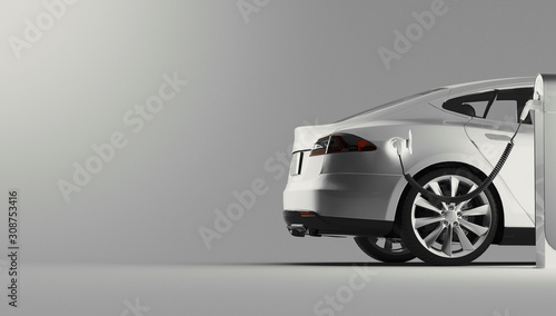 Power supply for electric car charging. Electric car charging station. 3d rendering © Aldeca Productions