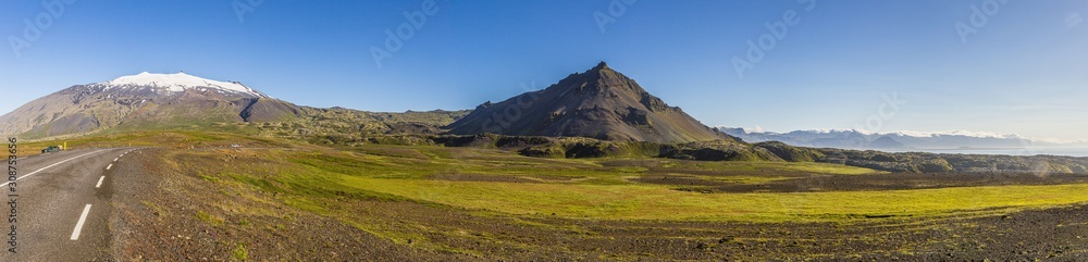 Panoramic view over area around Arnarstapi village area on Snaefells peninsula on Iceland