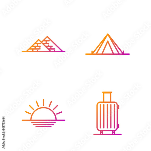 Set line Suitcase for travel, Sunset, Egypt pyramids and Tourist tent. Gradient color icons. Vector
